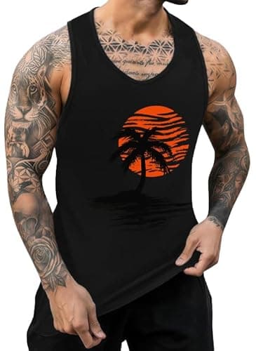 ONLYSTORY Mens Casual Summer Tank Tops Tropical Plants Graphic Crewneck Sleeveless Shirts Workout Gym Muscle Tops Beach Hawaii Vacation Black Palm Tree, L - Image 1