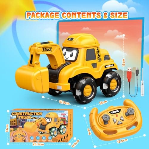 Toyjolka Toddler Remote Control Car with Flashing Light Wheels for 2 3 4 5 6 Year Old Boys Girls, USB Rechargeable Construction Excavator Toy for Toddlers 2-6 Great Birthday Gift Idea for Kids - Thumbnail 5