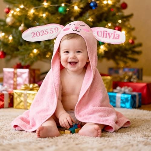 Individz Custom Hooded Bath Towel with Name, Personalized Highly Absorbent Bunny Towels, Baby Bath Towels for Girls Boys, Brithday for Baby, Toddler, Newborn (Pink-Bunny) - Thumbnail 2