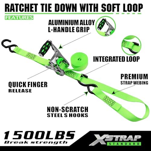XSTRAP STANDARD 1in x 14ft Ratchet Straps with Ergonomic Aluminium Alloy Handle and Coated S-Hooks - 500 lb. Working Load Limit / 1,500 lb. Breaking Strength - Green, 4PK - Thumbnail 4