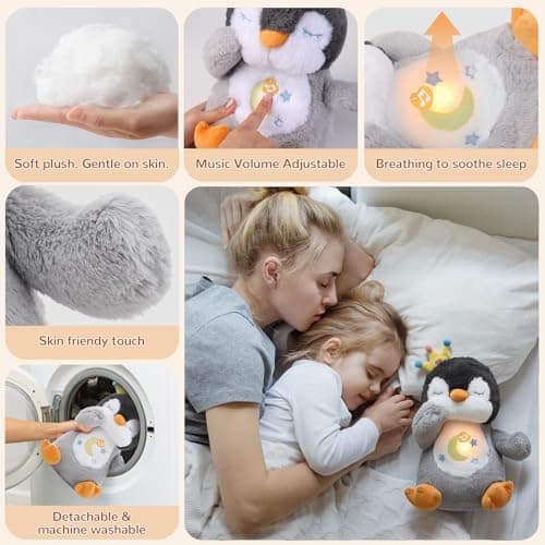 FATIRO Breathing Stuffed Animal, Soothe Snuggle Penguin Plush for Anxiety, Breathing Buddy with Interactive Realistic Breathing Motion & Gentle Snoring Plush for Babies Kids and Adults (Penguin) - Thumbnail 4
