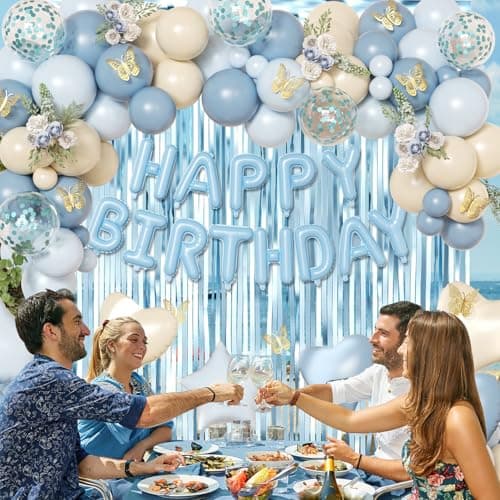 Blue Birthday Decorations, Dusty blue Sand White Confetti Foil Balloons Happy Birthday Banner Gold Butterfly Fringe Curtains, Light Blue Birthday Decorations for Boys Girls Women Men - Thumbnail 5