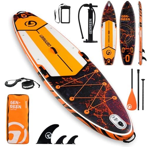 Genreen Paddle Board Stand up Paddle Board Inflatable SUP 11'*34'' EVA 0.5cm Thickened PVC Double Layer 450LBS 5 Grips Family Pet Friendly Lava Orange Black