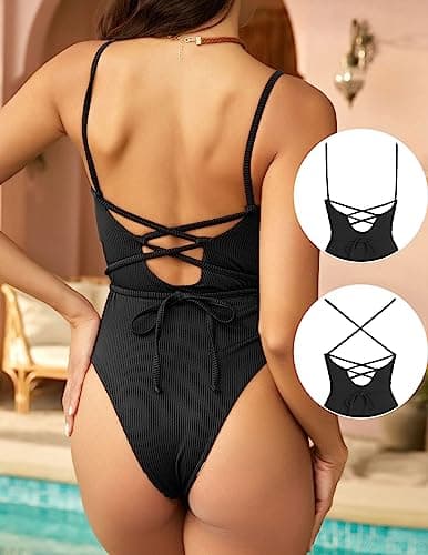 ZAFUL One Piece Swimsuit for Women Ribbed Scoop Neck Swimsuits 1 Piece Padded High Cut Lace Up Back Swimwear Black S - Thumbnail 4