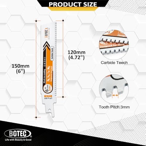 BGTEC Carbide Reciprocating Saw Blade for Hard Metal, Alloy Steel, Reinforcing Bars and Angles 6 Inch 8TPI, 4-Pack - Thumbnail 4