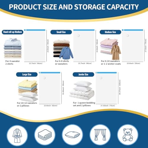 ZoeEnjoyLife,Vacuum Storage Bags with Electric Pump, 12 Pack (2 Roll-Up,3 Small,3 Medium,2 Large,2 Jumbo), Heavy Duty PA+PE Space Saver Bags for Clothes, Bedding, Home & Travel - Thumbnail 3