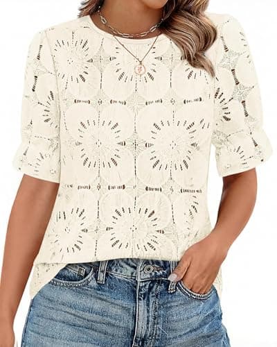 KIRUNDO Lace Tops for Women Blouses Dressy Casual Boho Eyelet Puff Short Sleeve Shirts Spring Summer Clothes Vacation Outfits(Beige, Small) - Image 1