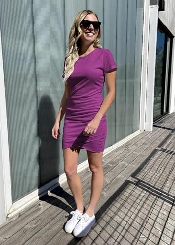 BTFBM Women’s Summer Dresses 2026 Casual Bodycon Mini Dress Short Sleeve Crew Neck Ruched Spring Beach Vacation Outfits(Purple, Medium) - Thumbnail 6
