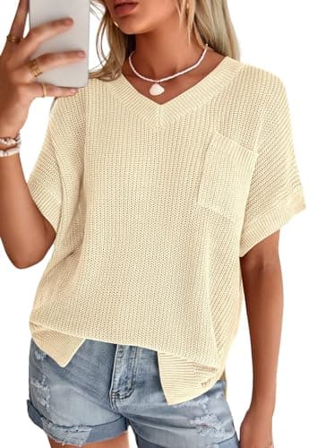 PRETTYGARDEN Women's 2026 Spring Short Sleeve Sweaters Lightweight V Neck Casual Going Out Summer Tops Beach Vacation Clothes (Beige,Large) - Image 1