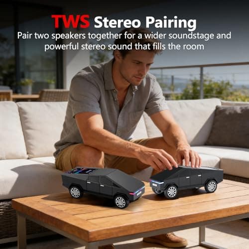 WS-580 Cybertruck Portable Bluetooth Speaker, Replica Car with Display Screen, HD Sound, TWS Pairing, FM Radio, Built-in Mic, Remote Selfie Control, LED Party Light, Gift for Car Lovers (Black) - Thumbnail 5