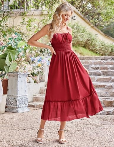 GRACE KARIN Women's Summer Maxi Dress 2026,Smocked Ruched Bust Sundress with Adjustable Straps & Pockets Red XXL - Thumbnail 6