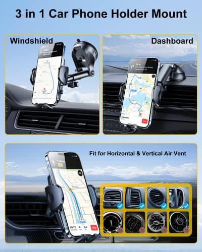 Rorhxia 3-in-1 Phone Mount for Car [2025 Most Stable and Flexible Suction Cup] Vent Dashboard Windshield Cell Phone Holder Car Fit for iPhone, Samsung, All Phone - Thumbnail 6