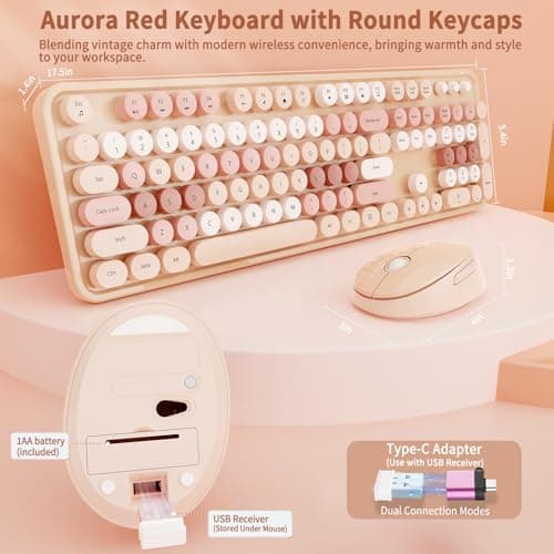 HotFox Wireless Keyboard and Mouse Combo, Full-Size Retro Typewriter Keyboard with Round Keycaps, Ergonomic Design for Windows PC, Home and Office Use -Brown - Thumbnail 3