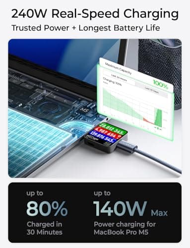 LISEN for MacBook Pro Charger Cord 10FT 240W USB C Charger Fast Charging Cable【Safety Max Power Charging】 Compatible with MacBook Pro/Air M5 M4 M3 M2 M1, iPad Air Pro M5 M4,10ft/1 Pack/Midnight - Thumbnail 2