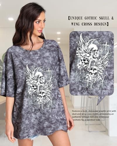 Women's Skull Wings Tee, Vintage Washed Gothic T-Shirt with Casual Crewneck Short Sleeve Top, Relaxed Fit Streetwear Shirt - Thumbnail 3