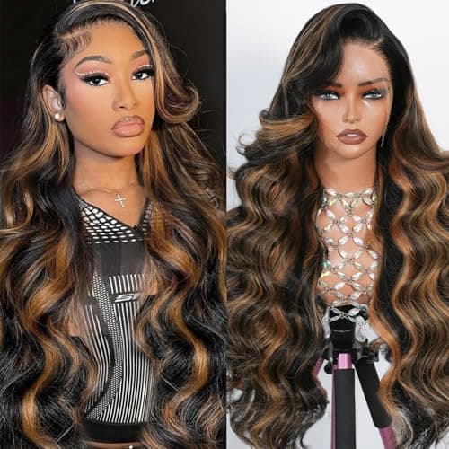 Body Wave Highlight Ombre Lace Front Wig Human Hair 13x4 Full Frontal Lace Wig Skinlike Swiss HD Lace 0.10mm Ultra-thin Invisible 200 Density 100% Real Human Hair Pre-plucked Tiny Knots Balayage Brown