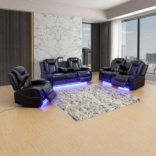 Oversized Modular Sectional Sofa,Leather Sectional Couch with Recliner,Sectional Couches for Living Room, Leather Reclining Sectional with Wireless Charging, LED Lights & Hidden Storage, Black - Thumbnail 2