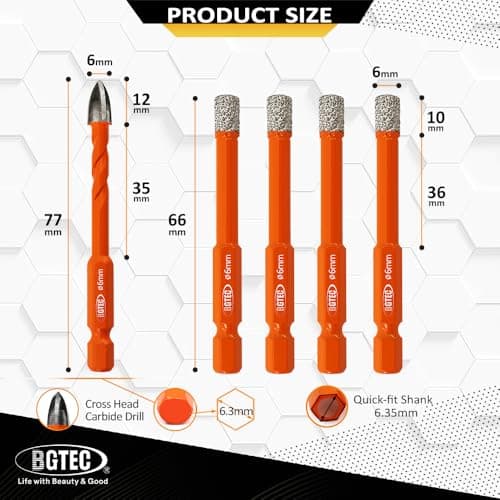 BGTEC Dry Diamond Drill Bits Set-4pcs 1/4" Tile Drill Bit with Quick Change Hex Shank and 1pc 1/4" Carbide Drill for Granite Marble Porcelain Ceramic - Thumbnail 5