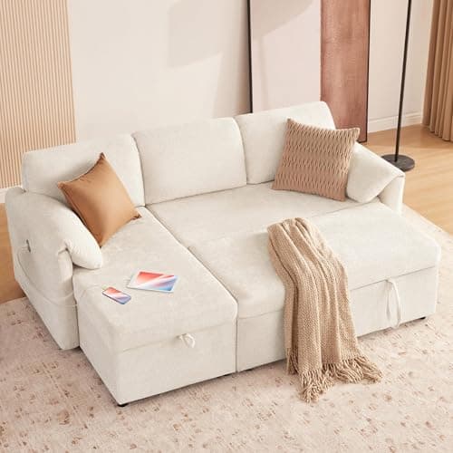 Tbfit 83'' Sleeper Sofa Bed with USB & Storage Chaise, Convertible Pull Out Sofa Bed, Couches for Living Room, Dorm, RV, Small Spaces, White Sherpa