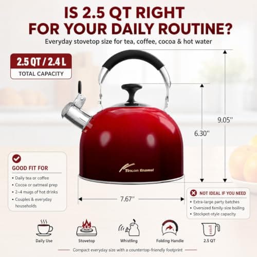 Tinlon Enamel 2.5 Qt Whistling Tea Kettle for Stovetop, Red - Thumbnail 3