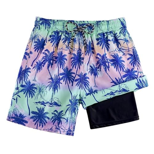 Cozople Boy's Quick Dry Swim Trunks Hawaii Palm Tree Graphic Bathing Suit Swimwear UPF 50+ Boxer Brief Liner Anti Chafe Swimsuit Beach Board Shorts for Casual Swimwear with Pockets - Image 1