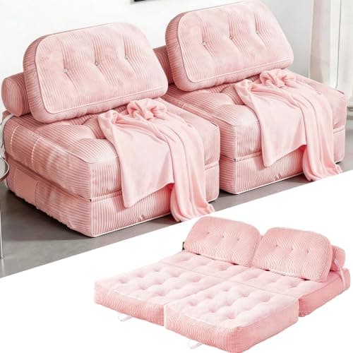 NESLAKO Folding Sofa Bed, Flannel Futon Couch Bed with Pillow and Blanket, Convertible Sleeper Chair for Living Room Bedroom (Two Pink)