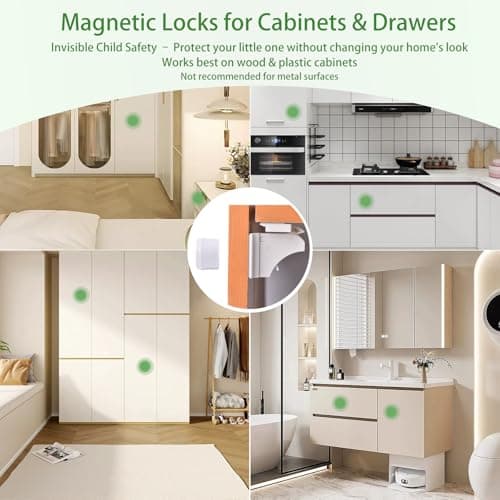 32 Pack Vkania Magnetic Cabinet Locks Child Safety with 4 Keys - Baby Proof Adhesive Latches for Kitchen Cabinets & Drawers, No Drilling Easy Installation (32 Locks + 4 Keys) - Thumbnail 2
