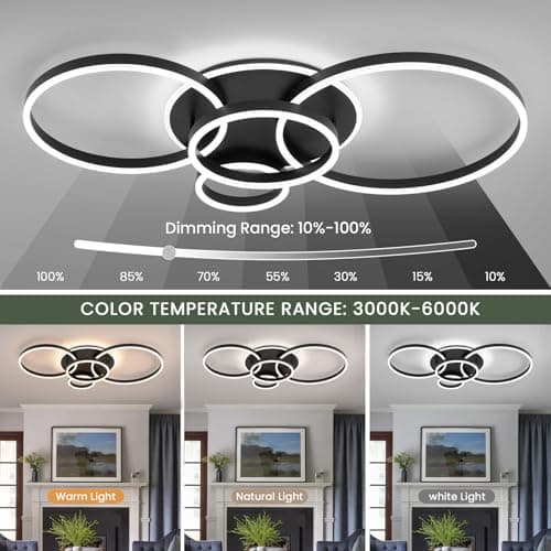 Modern LED Ceiling Light Black Flush Mount Ceiling Light Dimmable Dining Room Light Fixtures with Remote Acrylic Rings Kitchen Lighting Fixtures Ceiling Lamp for Living Room Bedroom (Black, 4 Rings) - Thumbnail 2