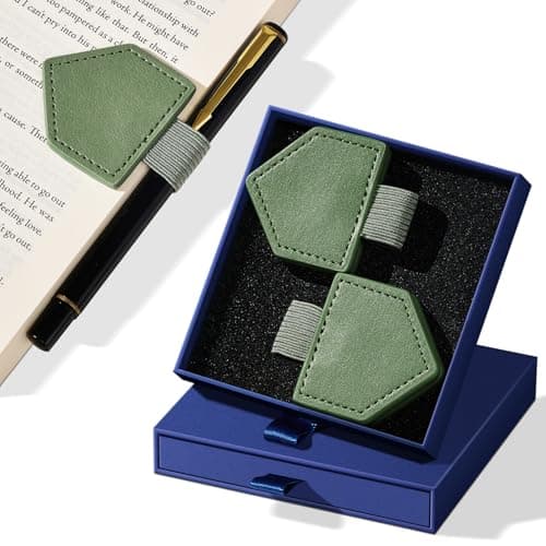 2Pcs Magnetic Leather Bookmarks with Gift Box Triangle-Shaped Magnetic Pen Holder Book Marks Clip Gift for Book Lover Readers Cute Bookmark for Women, Green