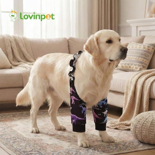 LovinPet Front Leg Sleeves for Medium and Large Dogs, 4-Way Stretch Elbow Protection, Anti-Lick Recovery, Warmth and Callus Prevention, Pair, Dinosaur Print, Black,3XL - Thumbnail 6