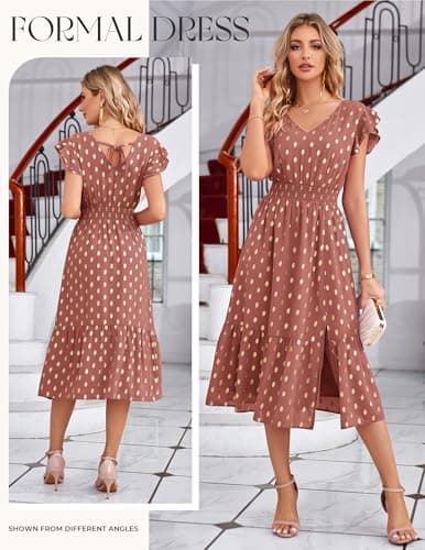 GRACE KARIN 2026 Womens Summer Dresses V Neck Ruffle Sleeve Floral Boho Beach A-Line Dress Light Brick Red-Gold Dots Medium - Thumbnail 4
