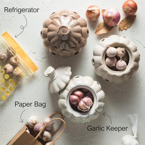 Cormomu Garlic Storage Pod Ceramic Garlic Keeper with Lid Large Garlic Container for Counter, White - Thumbnail 3
