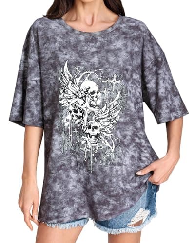 Women's Skull Wings Tee, Vintage Washed Gothic T-Shirt with Casual Crewneck Short Sleeve Top, Relaxed Fit Streetwear Shirt - Image 1