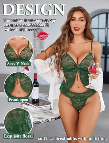 Avidlove Women's Lingerie Sexy Pajamas for Women Sheer Lace Lingerie Tank and Panty Sleepwear Green M - Thumbnail 2