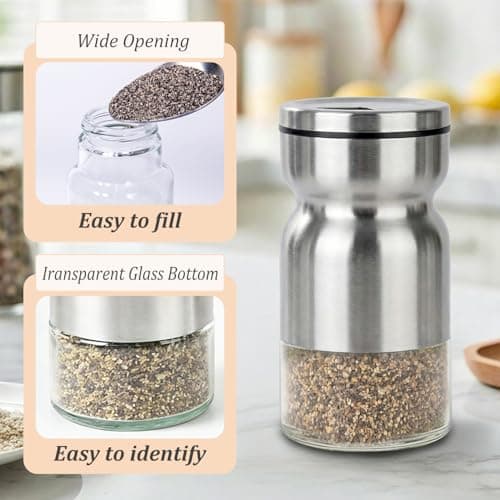 Salt and Pepper Shakers Set Glass, 4 oz Salt Pepper Containers with Adjustable Pour Holes, Glass Bottle & Stainless Steel Outlook for Kitchen Cooking, BBQ, Bar, Table, RV, Camp (Silver) - Thumbnail 5