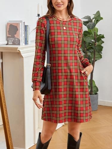 Kikibell Sweatshirt Dress Women Fall Maternity Dress Casual Fall Dresses for Women Red Plaid 2XL - Thumbnail 3