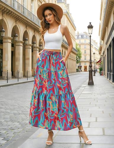 Aprolive Womens Boho Maxi Skirt Drawstring High Waist A-Line Skirt Pleated Ruffle Long Skirts Summer Casual Vacation Outfits(1-A Multicolor,Small) - Thumbnail 2