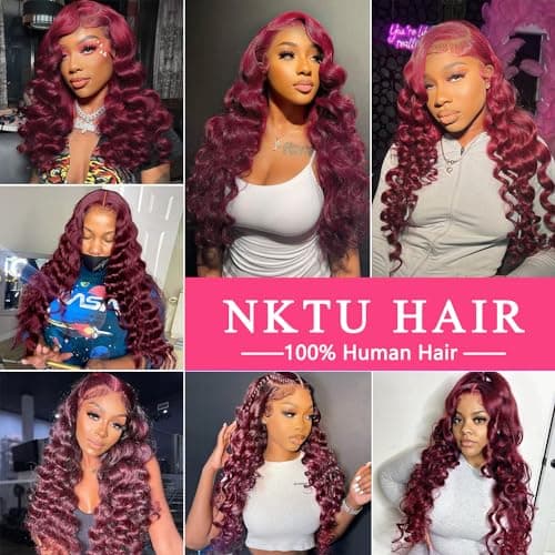 NKTU 30inch Burgundy Lace Front Wigs Human Hair- 99j Deep Wave HD Transparent Lace Frontal Wigs for Women Wine Red Glueless Pre Plucked with Baby Hair 180 Density - Thumbnail 5