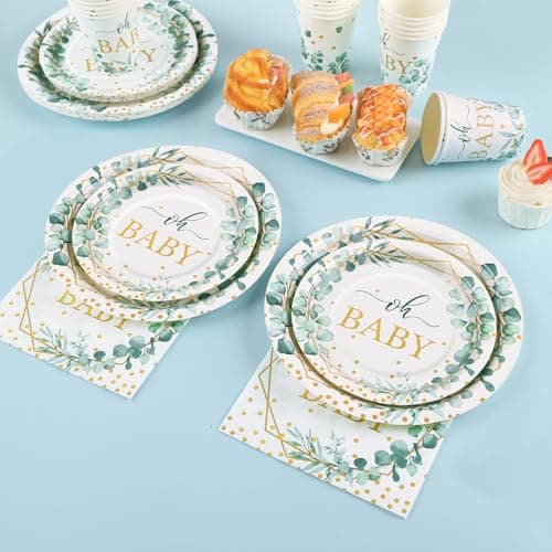 Gudvilla 140PCS Sage Green Baby Shower Decorations for Boy, Baby Shower Plates and Cups and Napkins Sets Serves 20, for Eucalyptus Boho Boy Neutral - Thumbnail 3