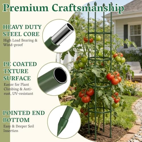 2 Pack Heavy Duty Round Tomato Cage | 63 Inch Rustproof Steel Core Plastic Coated Garden Tomato Trellis | Metal Large Plant Support for Tomato, Cucumber, Beans, Flowers, Vegetables Indoor Outdoor - Thumbnail 4