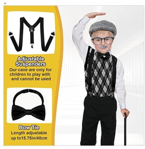 Skirfy Kids 100 Days of School Costume for Boys, Old Man Costume for Kids with Old Man Hat and Grandpa Vest,Cosplay Grandpa Dress Up Accessories - Thumbnail 5
