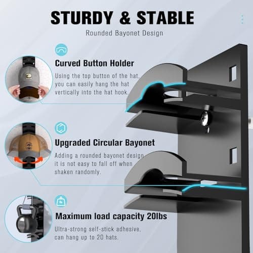 Hat Organizer for Baseball Caps 2Pack, Hat Rack for Wall with Strong Adhesive Hold up to 20 Hats, Hat Hanger Holder Display for Door Closet, Cap Organizer Storage Multilayer Two Mounting Option(Black) - Thumbnail 4