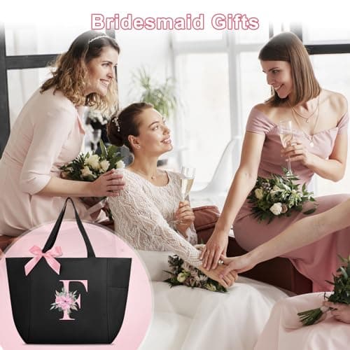 Vavabox Tote Bag, A-Z Initial Monogrammed Waterproof Tote Bag, Bridesmaid Gifts for Women, Black and Pink (F, Black) - Thumbnail 6