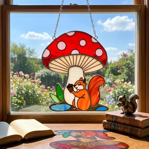Squirrel Mushroom Stained Glass Suncatcher for Window Hanging Ornaments Animals Theme Glass Art Sun Catcher Home Decor Handmade Funny Mushroom Squirrel Gifts for Squirrel Lovers