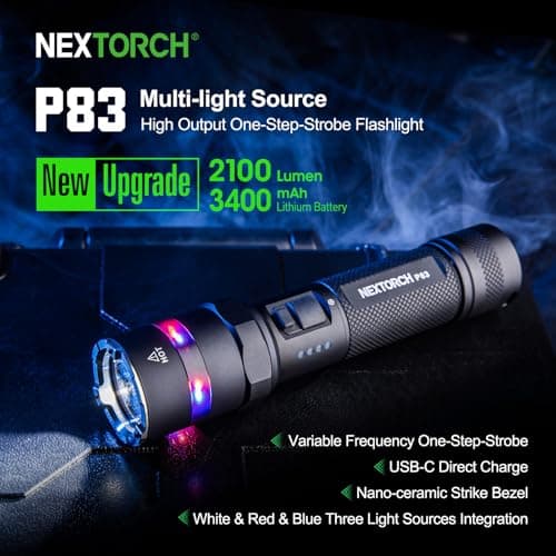 NEXTORCH P83 Tactical Flashlight 2100 Lumens, Rechargeable White, Red & Blue LED Light for Police, One-Step Strobe, USB-C Charging, Nano-Ceramic Bezel for Emergency, 3400mAh Battery for Outdoor Use - Thumbnail 2