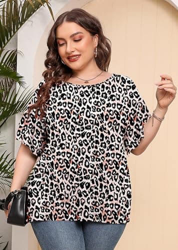 AusLook Plus Size Casual Tops For Women Fancy Peachy Leopard 1X Tunic Double Ruffle Short Sleeve Blouses Crewneck Clothing Tee Ladies Clothes Flowy Dressy Casual Loose Fit Outfits Maternity Summer - Thumbnail 3