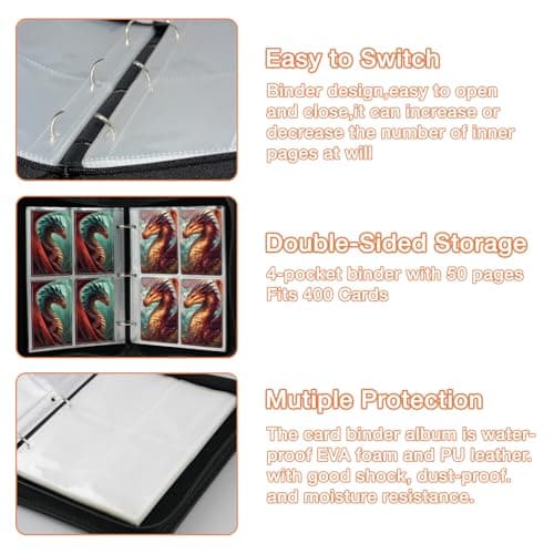 Trading Card Binder 4 Pocket, Fits 400 Cards with 50 Removable Sleeves, Portable TCG Album Folder for Standard Size Game Cards, Sports Card Holder Book for Collectors, Inferno Draco - Thumbnail 5