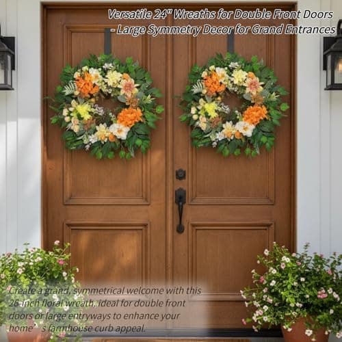 24" Large Wreath for Front Door - Artificial Orange Hydrangea Peony Yellow Dahlia Wreath - Summer Floral Farmhouse Porch Decor, Sun-Kissed Welcome Sign for Wall & Window - Thumbnail 6