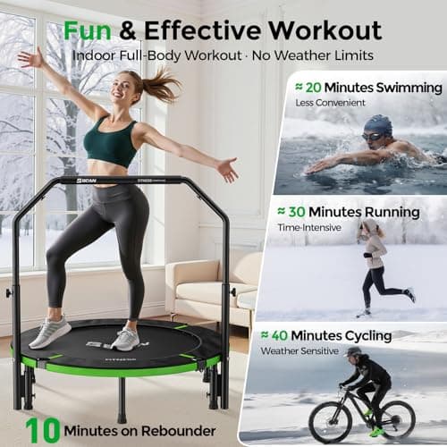 BCAN 40" Foldable Mini Trampoline, Rebounder Trampoline for Adults, Adjustable Foam Handle, Exercise Rebounder for Adults Indoor/Garden Workout, Max Load 330lbs, Green - Thumbnail 4