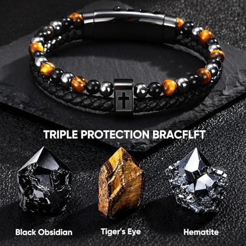 Cross Bracelet for Men Him - Triple Protection Hematite Black Obsidian Tiger Eye Beaded Bracelets, Faith Religious Happy Easter Catholic Christian Communion Baptism Gift Easter Basket Stuffers - Thumbnail 5
